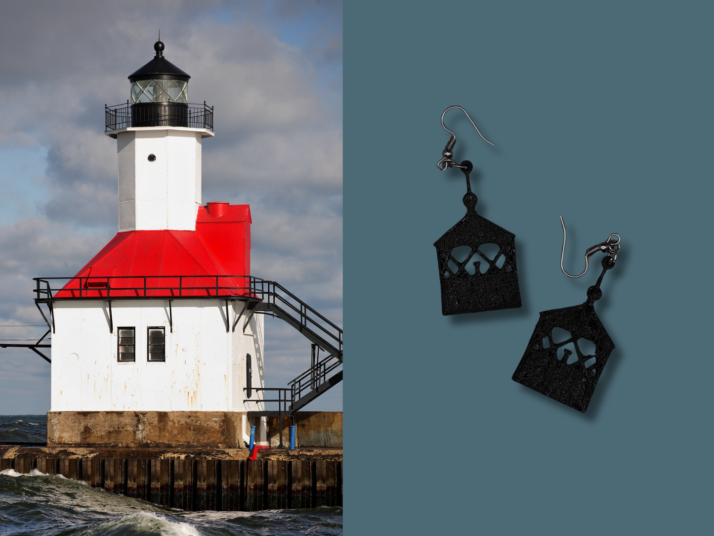 St. Joseph North Pier Lighthouse Earrings in Super-Light Wood