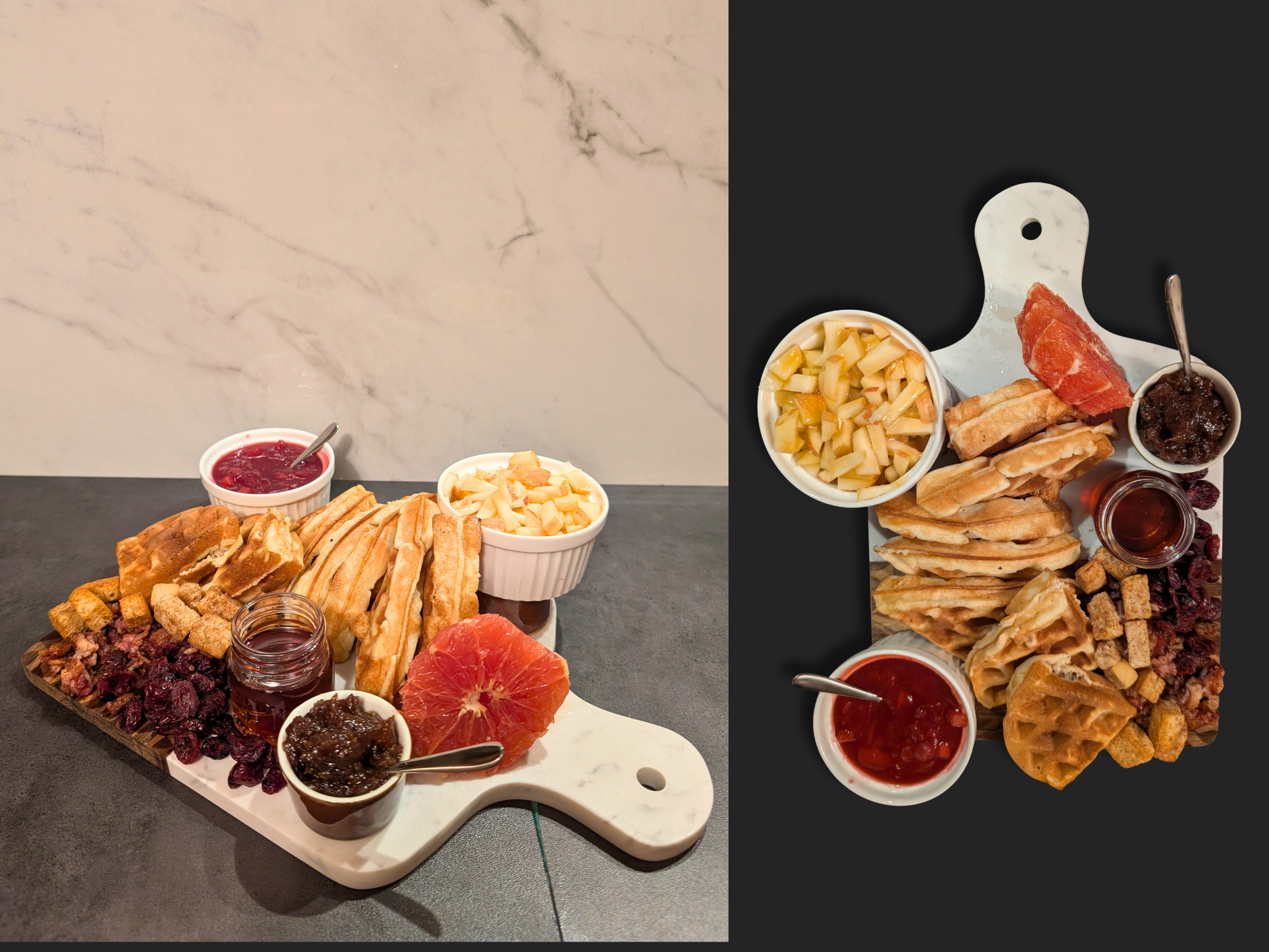 Two images of a marble and wood cutting board filled with waffles and toppings