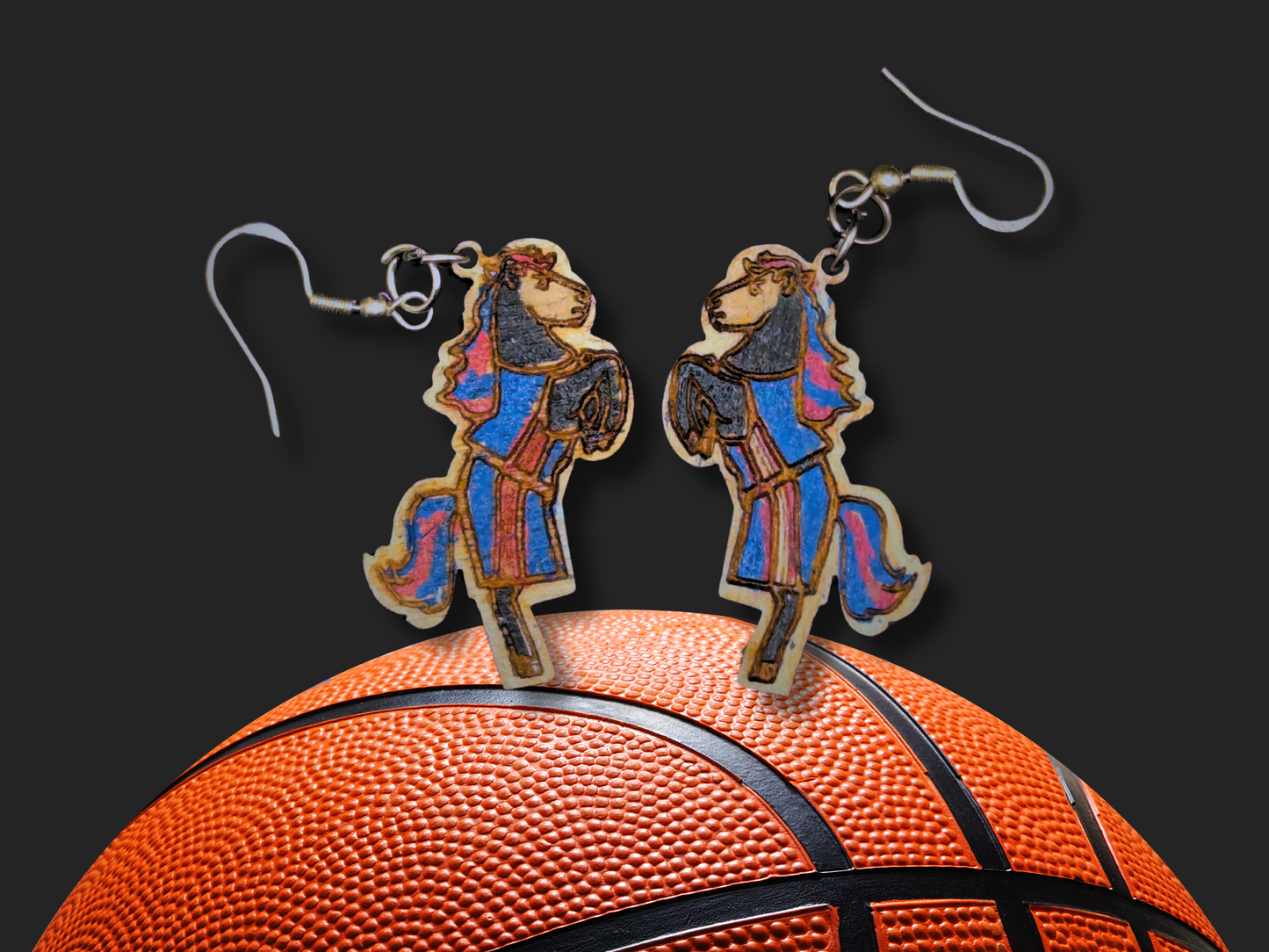 Detroit Basketball Stampeding Foal Earrings in Super-Light Wood