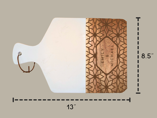 Personalized with Initials and Date - Marble Handled Acacia Wood Serving / Charcuterie Board