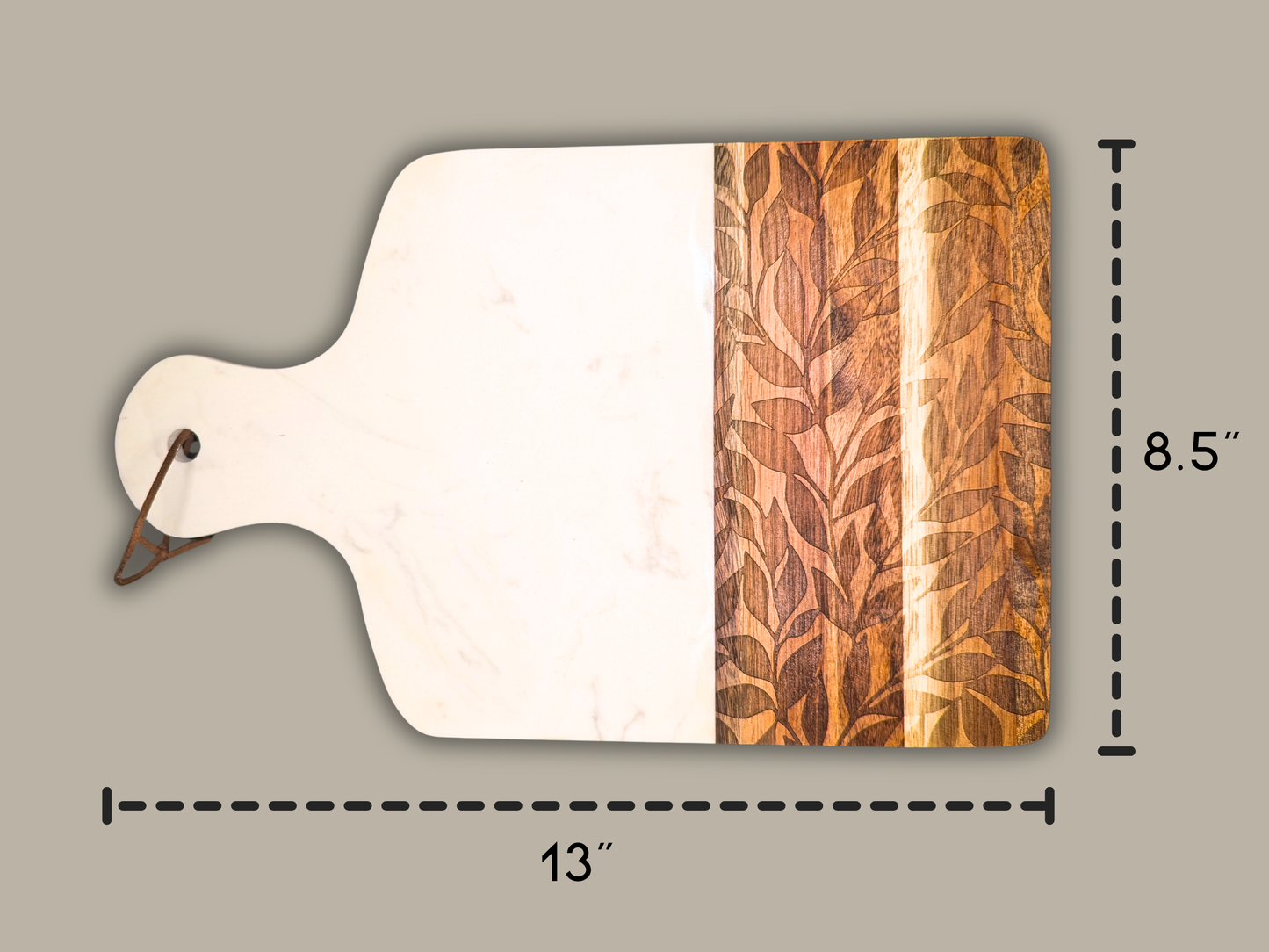 Dimensions of a marble and wood cutting board with a length of 13 inches by a width of 8.5 inches