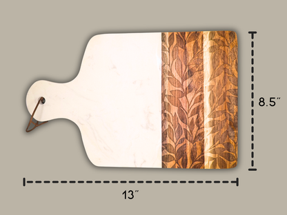 Dimensions of a marble and wood cutting board with a length of 13 inches by a width of 8.5 inches