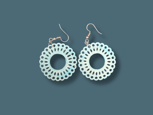 Geometric Blue Lace Circle Earrings in Super-Light Wood