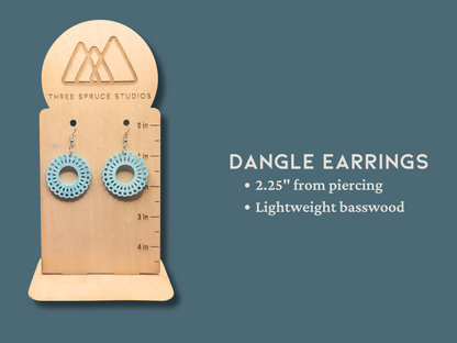 Geometric Blue Lace Circle Earrings in Super-Light Wood