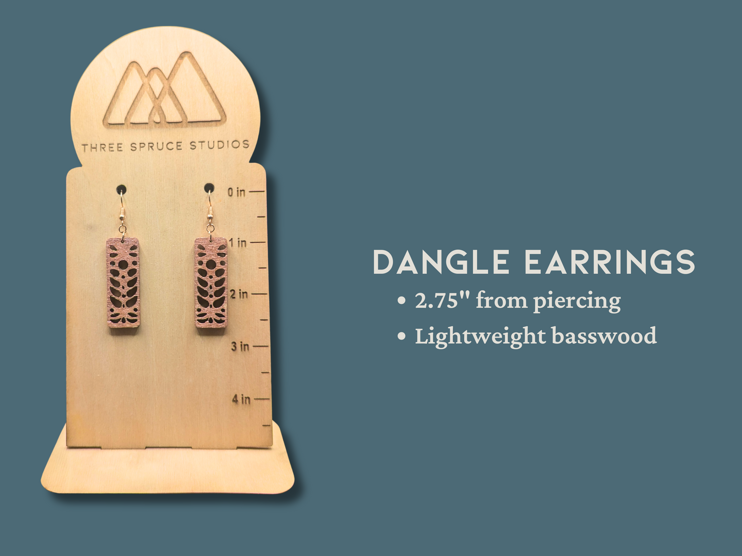 Geometric Rectangular Foliage Earrings in Super-Light Wood