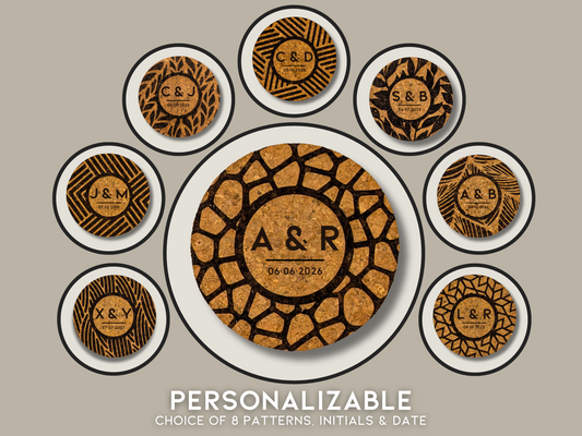 Personalized Round Cork Coasters with Couple Initials and Date (set of 4)