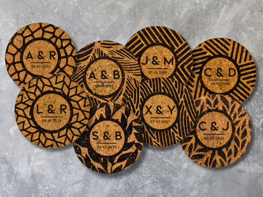 Personalized Round Cork Coasters with Couple Initials and Date (set of 4)
