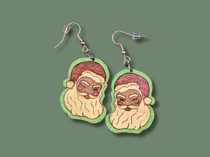 Nostalgic Winking Santa Earrings in Super-Light Wood