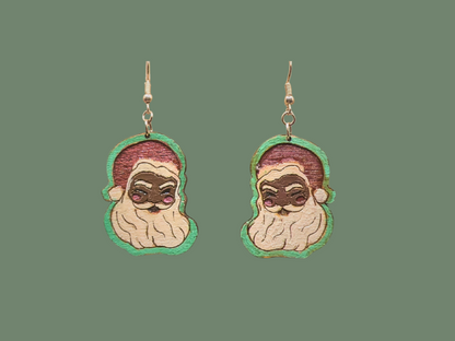 Nostalgic Winking Santa Earrings in Super-Light Wood