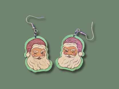 Nostalgic Winking Santa Earrings in Super-Light Wood