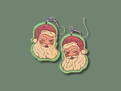 Nostalgic Winking Santa Earrings in Super-Light Wood