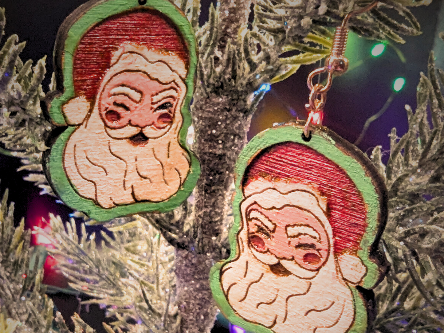 Nostalgic Winking Santa Earrings in Super-Light Wood